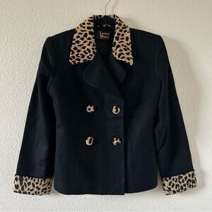 Lauren Meren Women’s VTG Wool Blazer 6P Black Cheetah Trim Made in USA Work